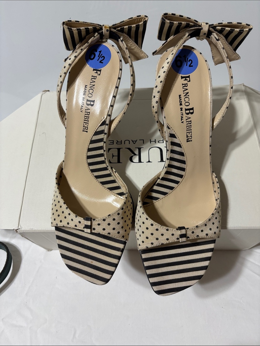 Franco Babiera Beige and Black Polka Dot & Stripe Bow Sandals. Made in Italy